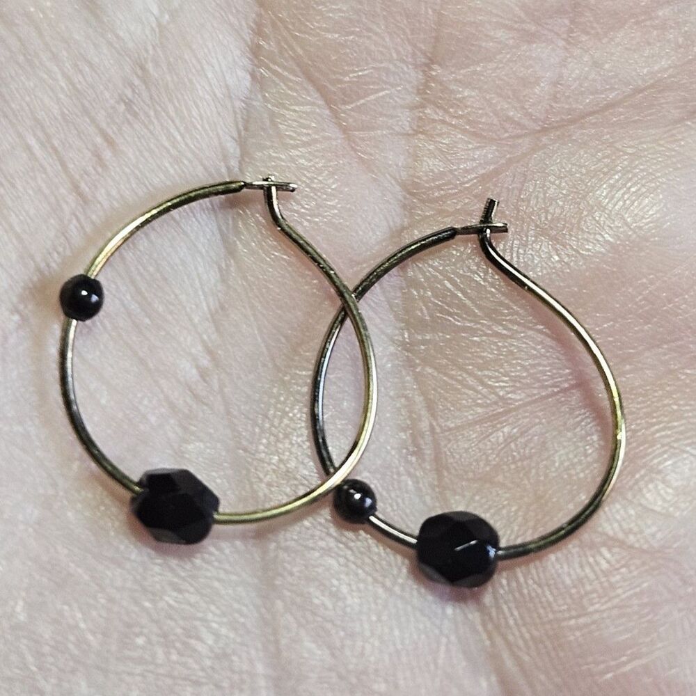 Dainty Gold Tone Black Beaded Hoop Earrings